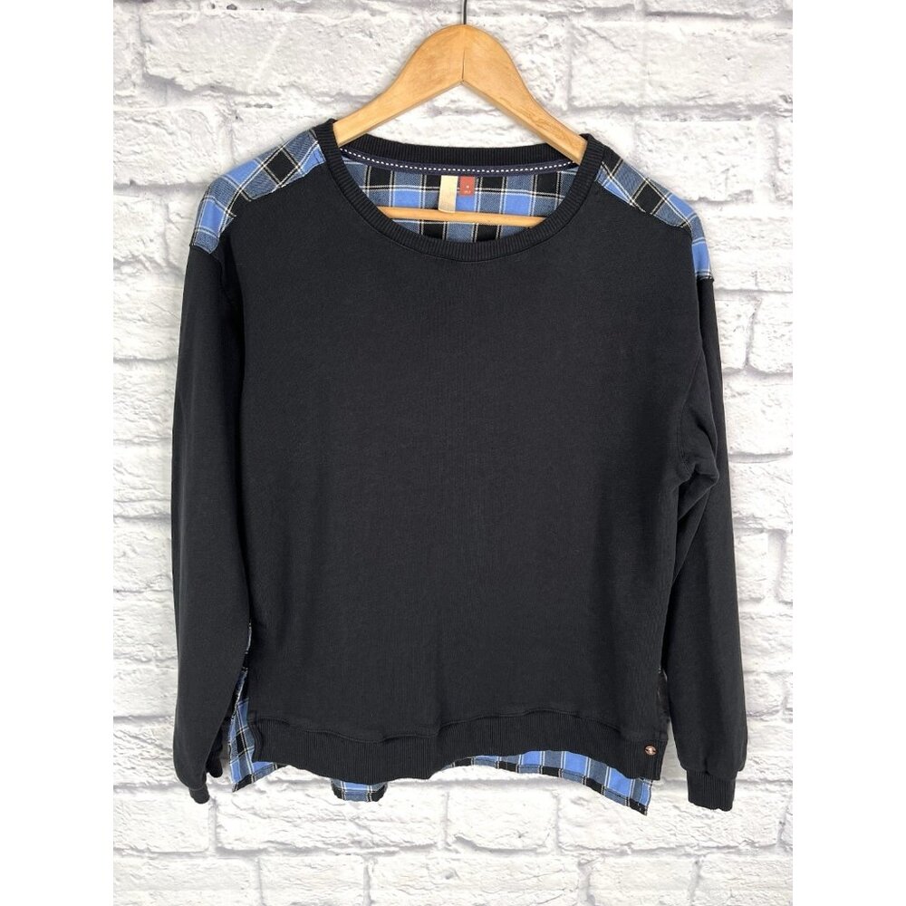PILCRO ANTHROPOLOGIE Women's Black Blue Plaid Round Neck Sweatshirt Medium